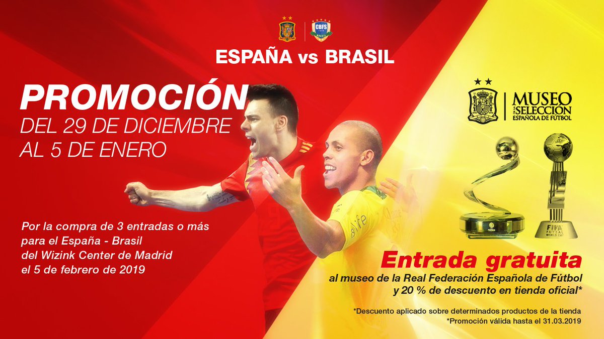Selección Española de Fútbol on Twitter: "¡¡ATENTO!! Tenemos una promoción especial para ti. Si compras 3 para el España Brasil que se en el @WiZinkCenter, obtendrás: ➡ Tu