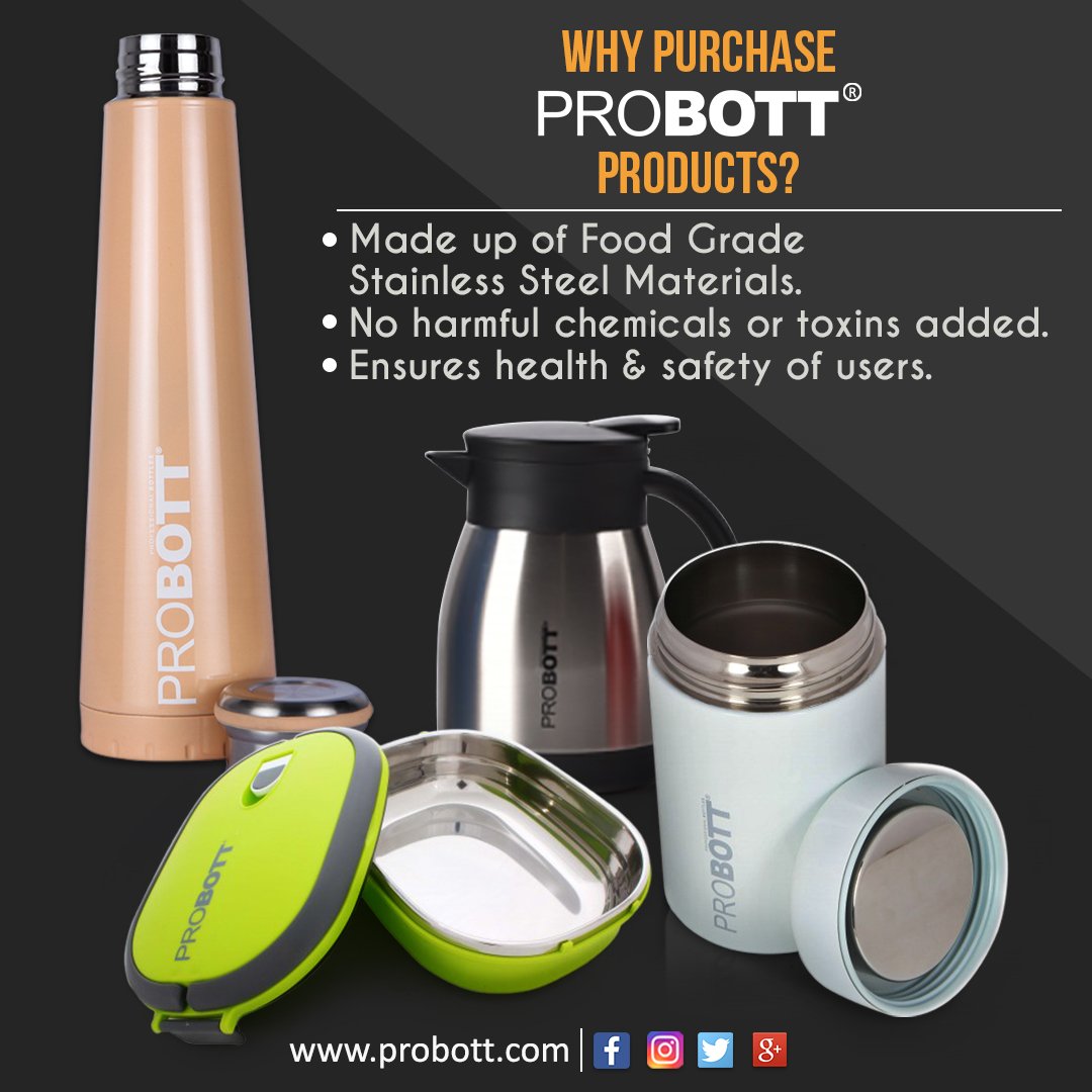 ProbottIndia's tweet photo. #Probott #products are made up of Food Grade Stainless Steel materials that contains no harmful chemicals or toxins ensuring #health &amp; #safety of users. #Purchase them! https://t.co/GOGskllFEf