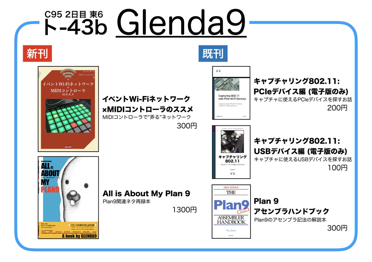 えぬかね C95 明日12 30 東ト 43b Glenda9 で参加します お品書きはこちら 新刊は Wi Fiネットワーク運用にmidiコントローラを持ち込んでみた的なお話です Plan9再録本は はじめてのイベント直接搬入がうまくいったら密かに置いておきます