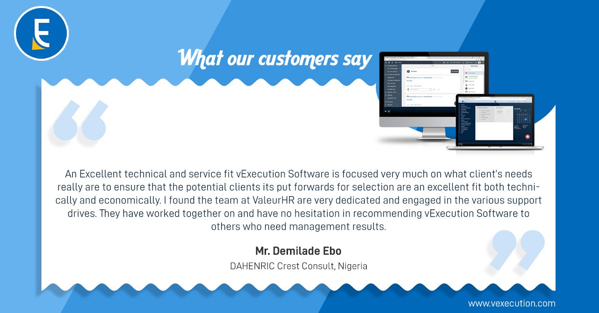 v_execution's tweet image. Our software is getting rave reviews from across the world 

Know more about vExecution at vexecution.com
#CustomerSpeak #ValeurHR #vExecution #Testimonials #HappyCustomers #HCM #HRTech #CRM #ERP #SaaS #HRM #HRIS