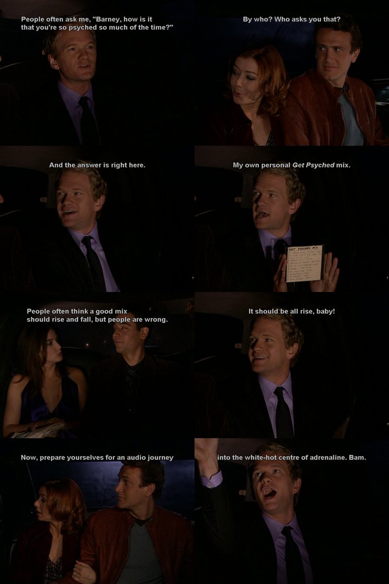 tvshowquote1's tweet photo. #Barney: The answer is right here.. my own, personal get psyched mix. Now, people often think a good mix should rise &amp; fall, but people are wrong. It should be all rise, baby
 #HIMYM #HowIMetYourMother #GetPsychedMix #NYE #HIMYMseason1 #HowIMetYourMotherSeason1 #1x11 #NewYearsEve https://t.co/DRrezDBciP