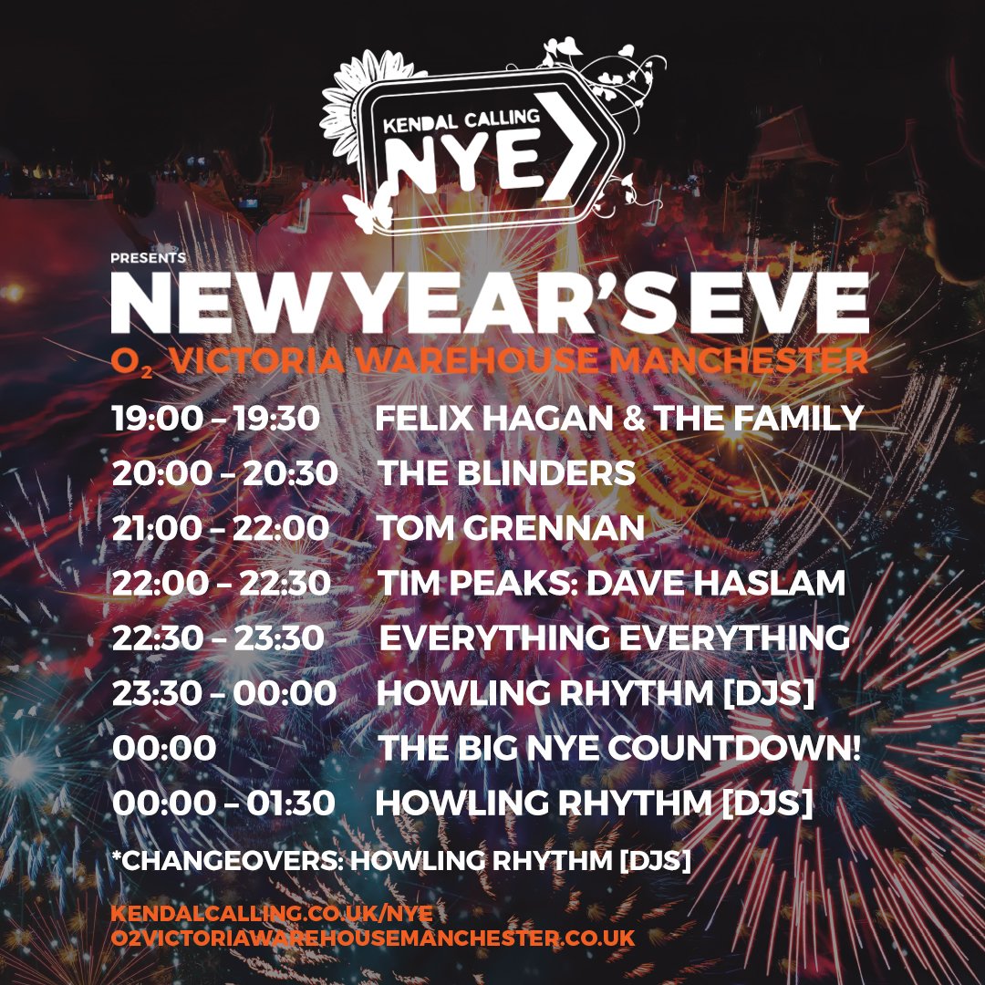 KC NYE TONIGHT! We celebrate with…
<a href="/E_E_/">EverythingEverything</a> 
<a href="/Tom_Grennan/">Tom Grennan</a> 
@theblindersband 
<a href="/FelixHfamily/">Felix Hagan & The Family</a> 
<a href="/Mr_Dave_Haslam/">Dave Haslam</a> 
<a href="/howlingrhythm/">Howling Rhythm MCR</a> 

Doors 6:30PM, last entry 9:30PM. Tickets on the door £39.50.

Secure yours for less now:
kendalcalling.co.uk/nye