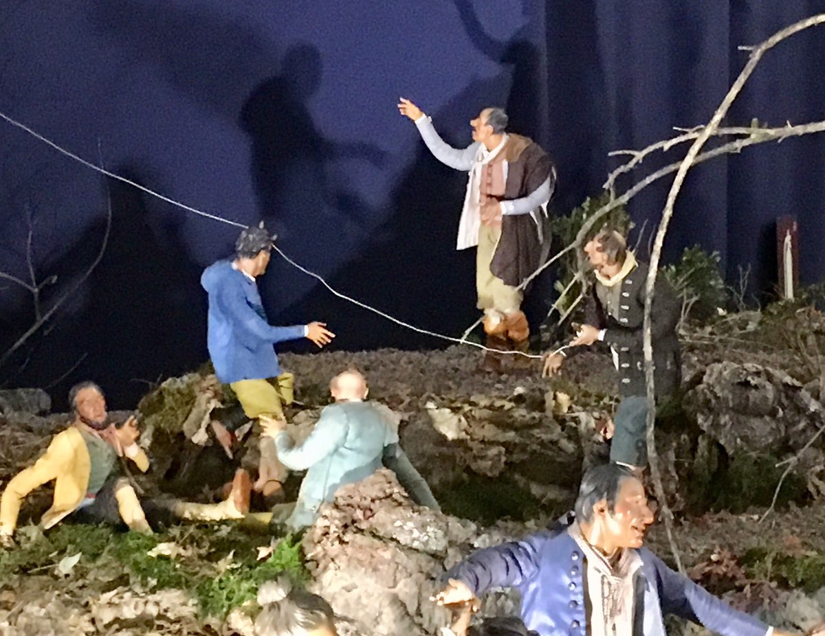 Escenas de cuadros de Goya representados en el Belén Napolitano del Palacio Real: La Gallinita Ciega, El Pelele, El Columpio y El Vuelo de Cometa.