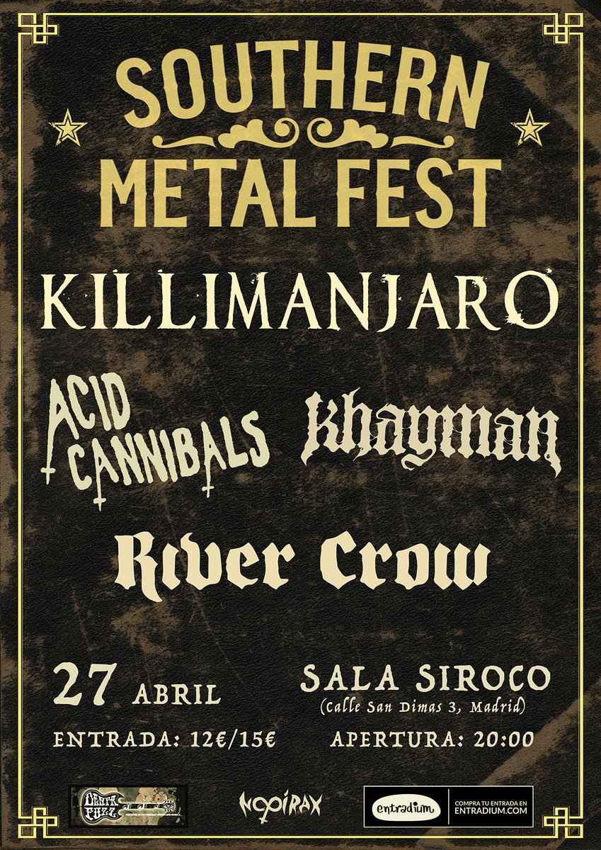 RiverCrowBand's tweet photo. CARTELAZO PARA EL #SouthernmetalFest 2019!! 🤘😁🍻
Tendremos el absoluto placer de compartir tablas con #KILLIMANJARO, #AcidCannibals y #KhaymanSouthern el 27 de Abril en la @SALASIROCO de #Madrid!! Os prometemos que será bestial!! https://t.co/G2BmL7RbhH