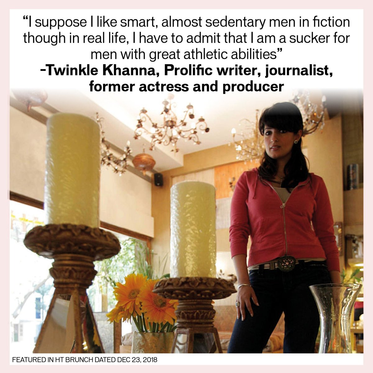 HTBrunch's tweet photo. Twinkle Khanna talks to @zuni_chopra about her kind of books and her kind men, in books as well as in real life, in this week's #bollywoodbookshelf
#brunchcolumn #htbrunchcolumns #htbrunchexclusive #bookswelove #brunchbookchallenge #bookstomovies #meninbooks #mrsfunnybones https://t.co/TpPovRZXcw