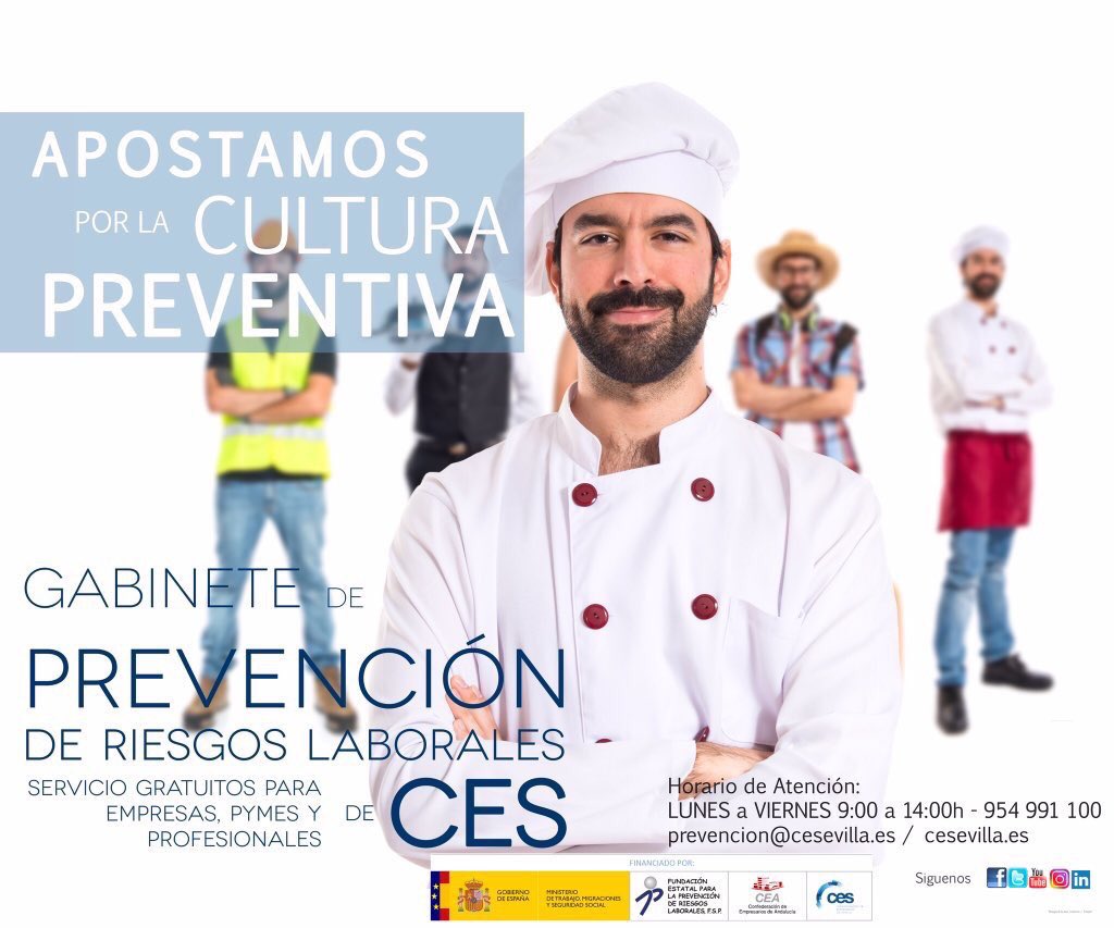 CES_PRL's tweet image. .@CES_Sevilla cuenta con un Gabinete de #PRL financiado por la Fundación Estatal de PRL, prestando asistencia técnica a empresas, elaboración de boletines de siniestralidad laboral, información sobre actualidad preventiva y presente en RRSS prevencion@cesevilla.es 954991100