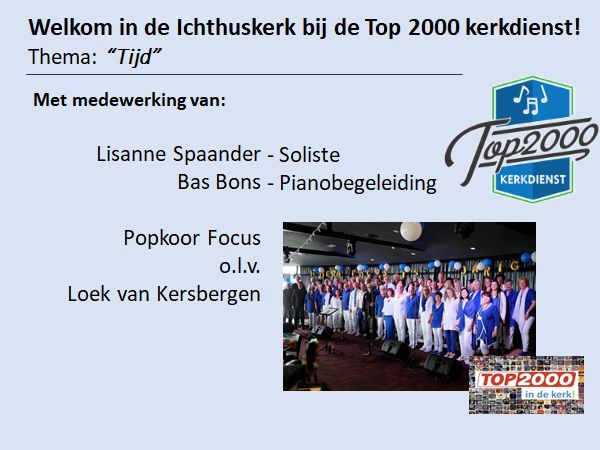 Morgen vanaf 16.15 uur ben je welkom bij de <a href="/OpenIchthus/">Open Ichthus</a> in #Zoetermeer. We starten om 17 uur met een mooi thema: Tijd. Leuk als je langskomt om naar ons te luisteren. <a href="/Basbons/">Bas Bons</a> begeleidt me op de piano en @PopkoorFocus gaat ook zingen. <a href="/top2000kerk/">Top2000kerkdienst</a>