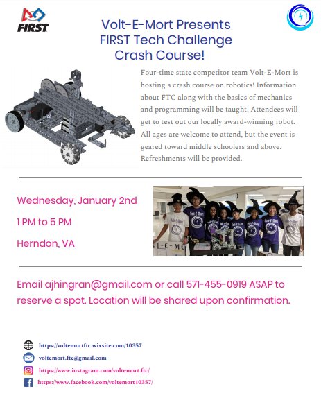 If you live in NOVA and want to learn about the mechanics, programming, and other aspects about FTC, come to our FTC Crash Course! Hope to see you there!