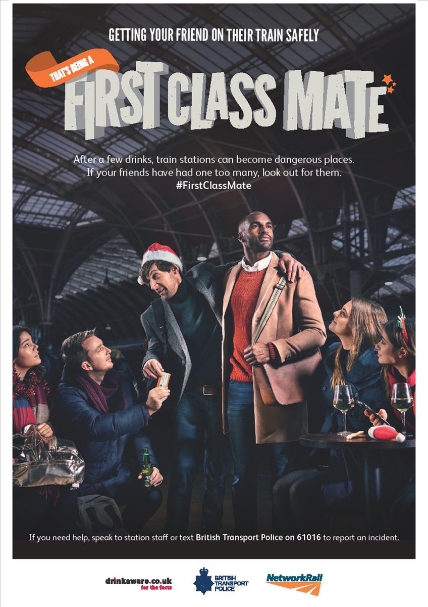 NetworkRailEC's tweet photo. Please take care when travelling around on the rail network this evening.
If you're out partying, be a #FirstClassMate and ensure you and your friends get home safely. https://t.co/oygCxuk7iW