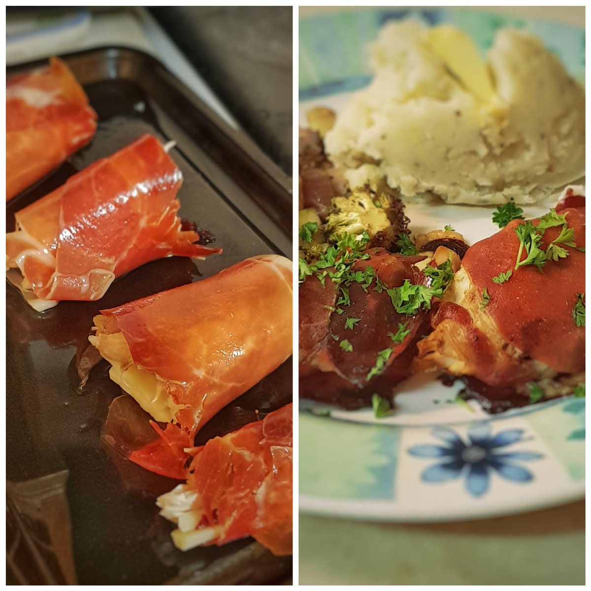 Turkey, cranberry and manchego cheese wrapped in seranno ham, served with balsamic roast courgette, chestnut mushroom, broccoli, onion and a buttery mustard mash. #leftovers