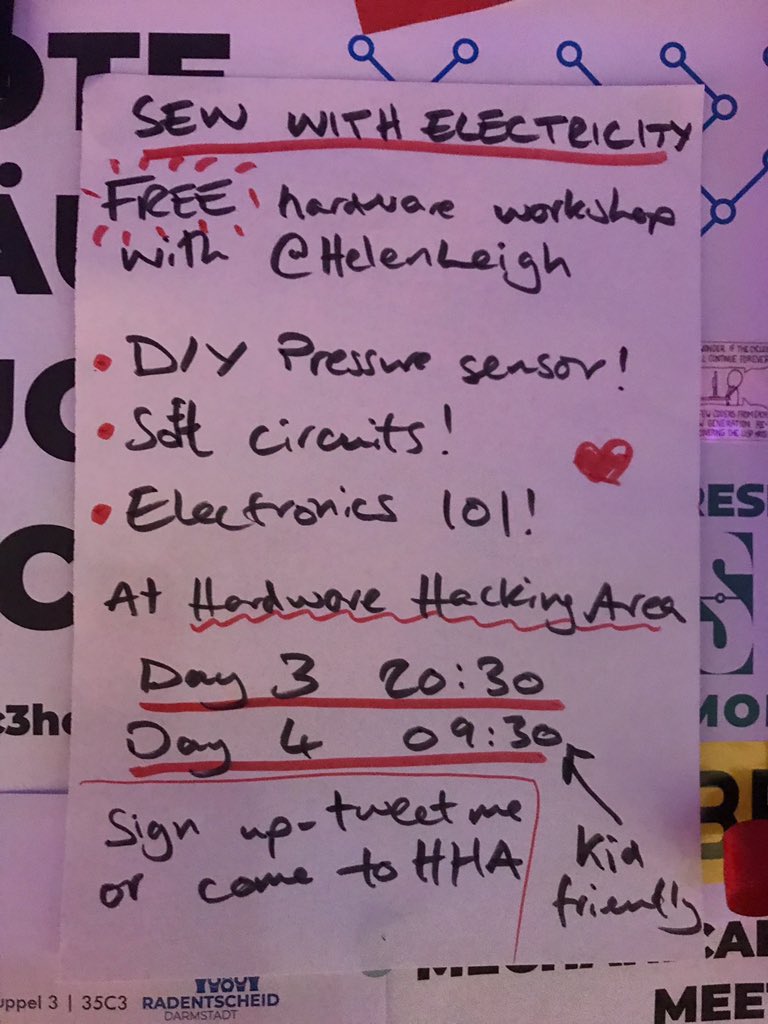 I’m giving a free soft circuits and electronics workshop at #35c3! One tonight at 20:30 and one tomorrow at 09:30. 60 spaces on each, filling up very fast. Reserve a space by replying to this tweet 💖💖