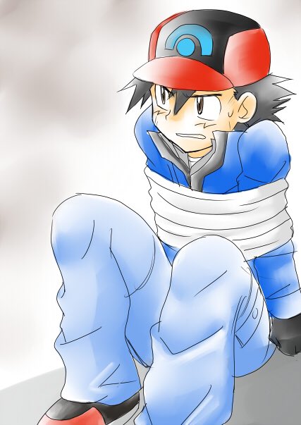 サイト過去絵より。なんか捕まってるサトシ。