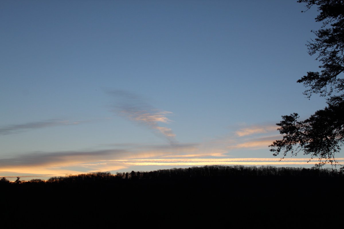 DennisB911's tweet photo. @WHSV_Mackenzie tell @WHSVaubs it's 42F with warm breezes at #sunrise in Basye. The #clouds & jet #contails mixed with the #sun & #forest (#trees) above Supinlick Ridge this @MorningExp. All is #quiet & #bluesky in @VAShenValley @WHSVChris #December29. Come to the #mountains! https://t.co/DJvhLcKgMV