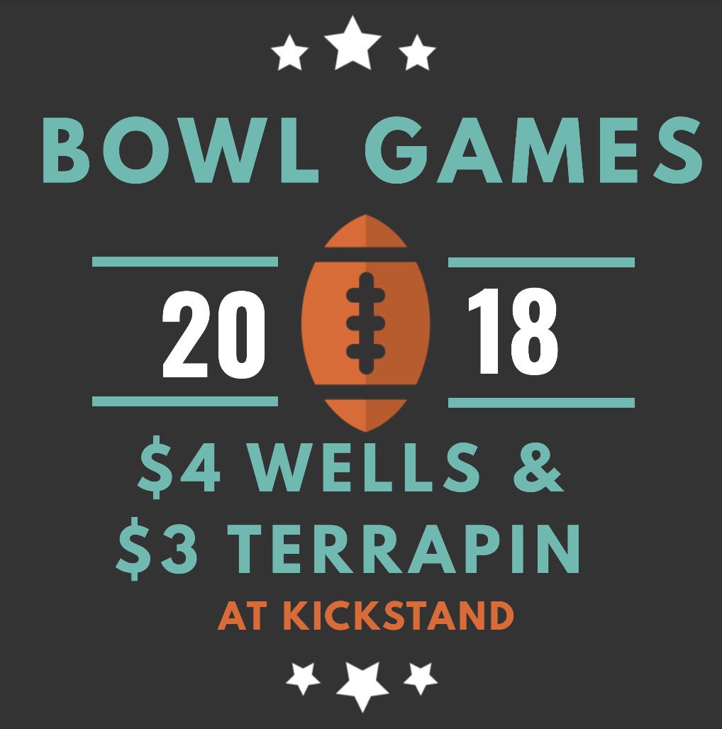 kickstandCLT's tweet photo. We have all the NCAA Bowl games on today! Come hang out and enjoy $4 wells &amp; $3 @terrapinbeernc 🍻🥃🏈 #BowlSeason #ncaa #CollegeFootball #beer #cltbeer https://t.co/iDs1i77mHM