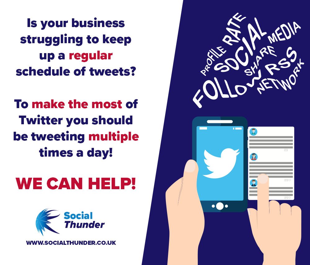 When you're running a small business, it can be tough to maintain an active Twitter account - sometimes there's just not time! That's where we can help - our system ensures your Twitter account posts regular, high-quality tweets. Find out more: socialthunder.co.uk