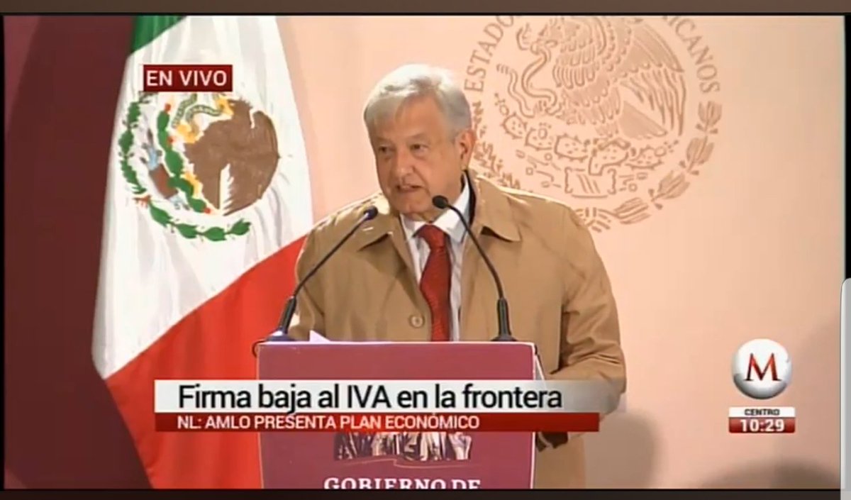 El presidente <a href="/lopezobrador_/">Andrés Manuel</a>
Firma el decreto de #EstimulosFiscales para la franja fronteriza norte. 
IVA 8%
ISR 20%   
Baja de los precios de las gasolinas y energéticos  (Homologación con EU) 
Aumento al Salario mínimo a $176 x día.