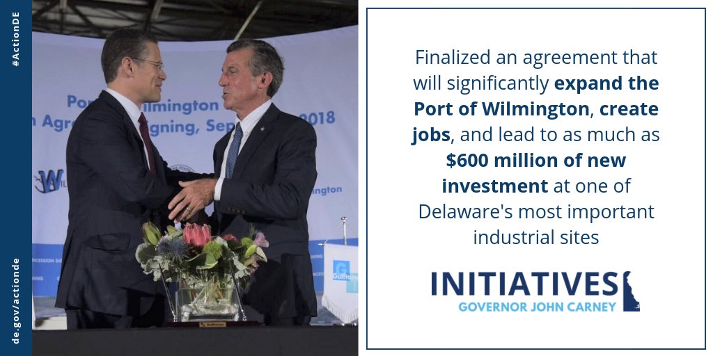 JohnCarneyDE's tweet photo. For decades, jobs at the Port of Wilmington have helped stabilize Delaware families and the communities where they live.
This year, we finalized an agreement that will expand the Port— one of Delaware’s most important industrial job centers. https://t.co/Q73RJR4W2k #ActionDE https://t.co/cye81m8LK5