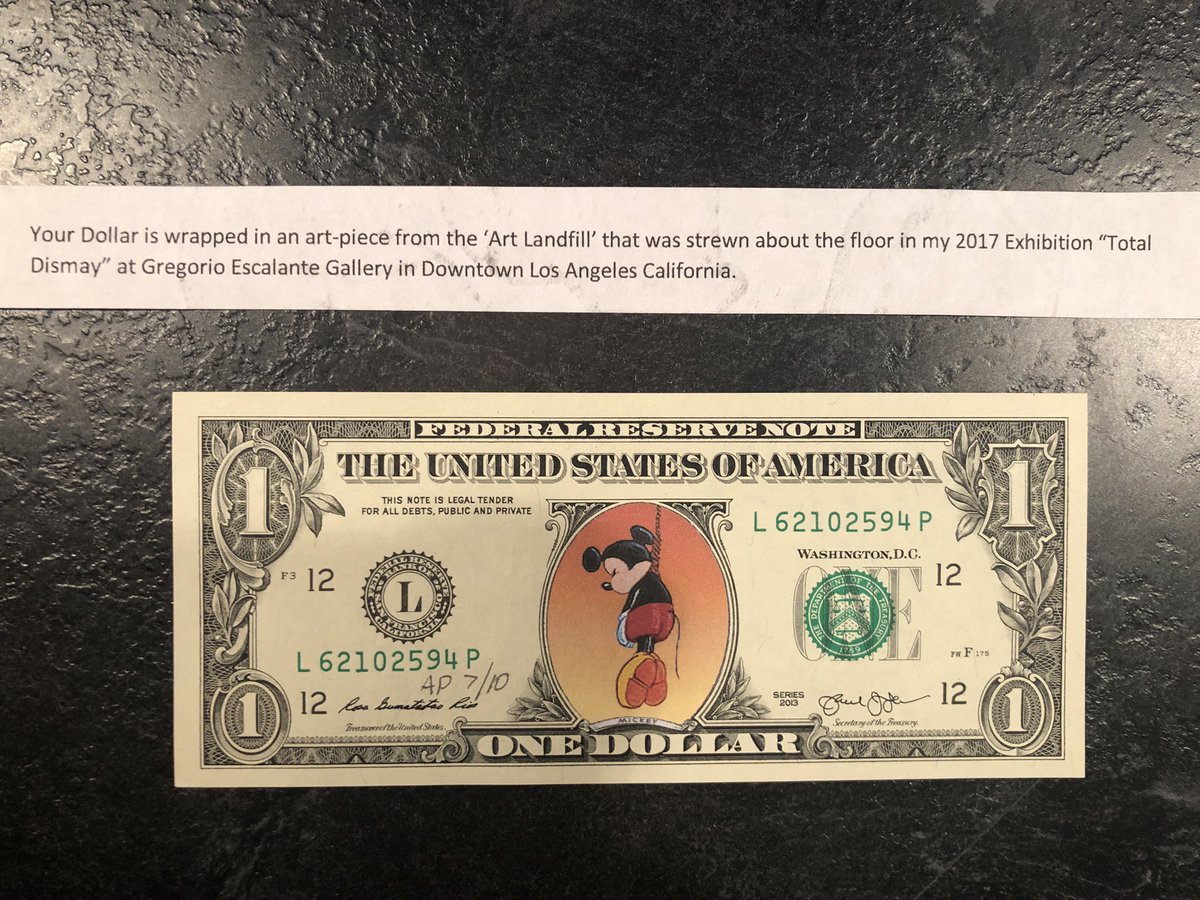 dazzlestar_daz's tweet photo. Loving my ‘Mickey suicide at sunset’ dollar bill art. #JeffGillette #Banksy #TotalDismay #Dismaland https://t.co/uHM8asw0rA