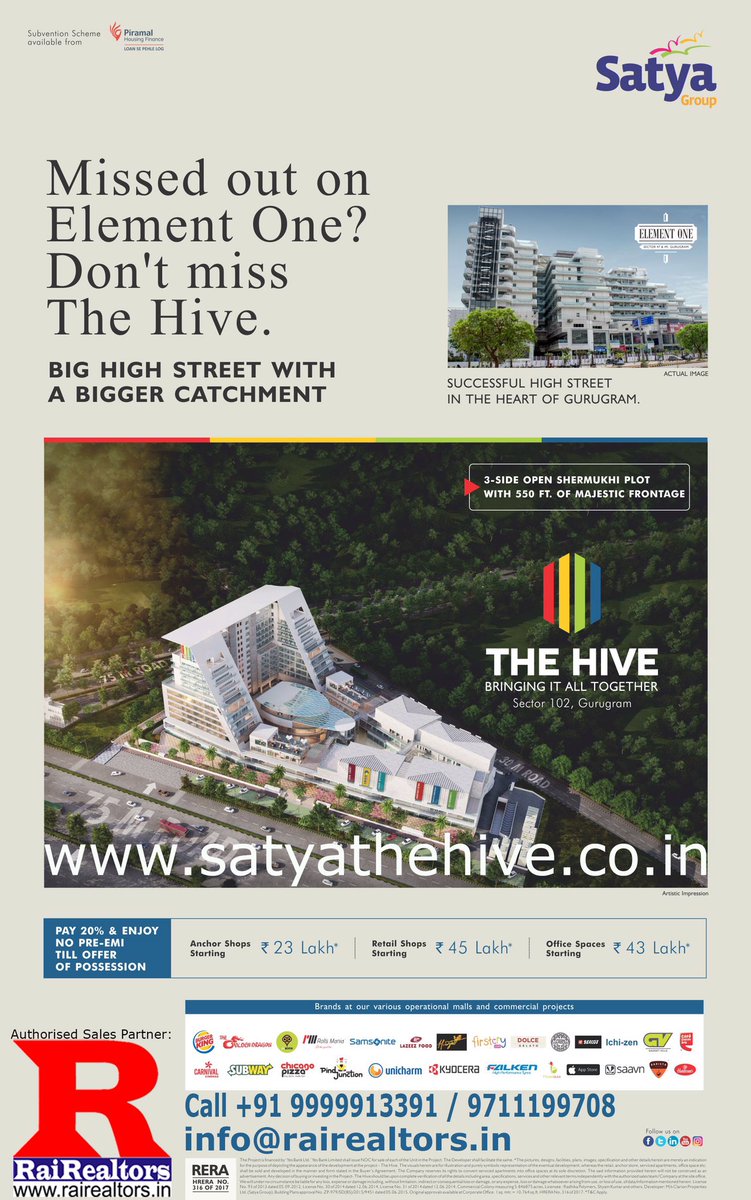 satyahive's tweet photo. #SatyaHive, #HighStreet #retailshops, #offices and #serviceapartments on #DwarkaExpressway. #Buy with #downpayment &amp; #monthlyreturns, 30-40-30 #PLPPlan or 20-80 #NoEMIScheme #SubventionScheme. #Investments starting @29Lacs on #FirstFloor &amp; #39Lacs #GroundFloor for retail shops https://t.co/8bFLp24H8e