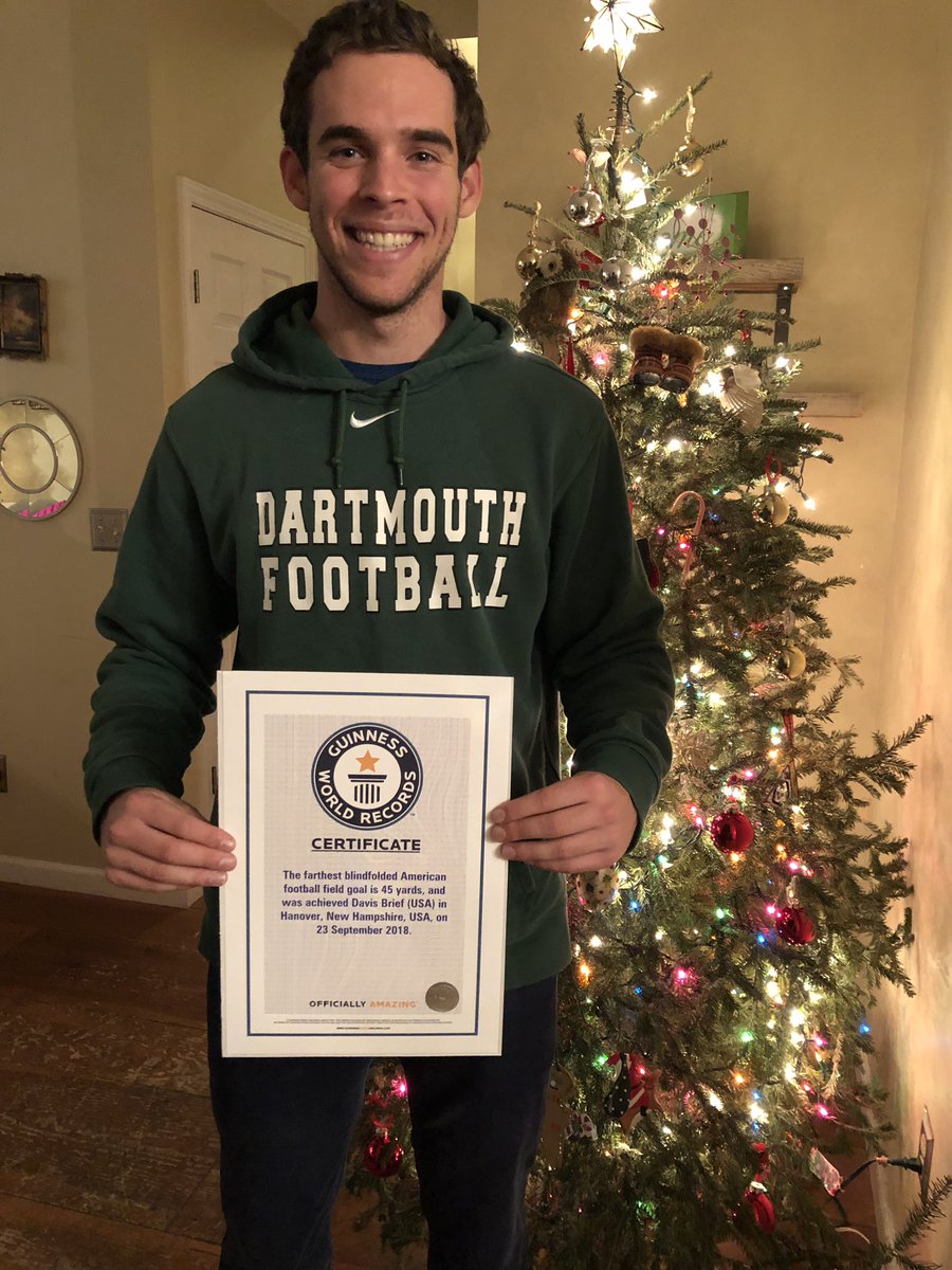 davisbrief's tweet photo. I’m happy to announce that I’m officially the new Guinness World Record holder for the Farthest Blindfolded Field Goal at 45 yards. @PatMcAfeeShow it’s me. I’m that random kid from the internet. It was an honor to take this record from you. #ForTheBrand https://t.co/chES2NwO5X