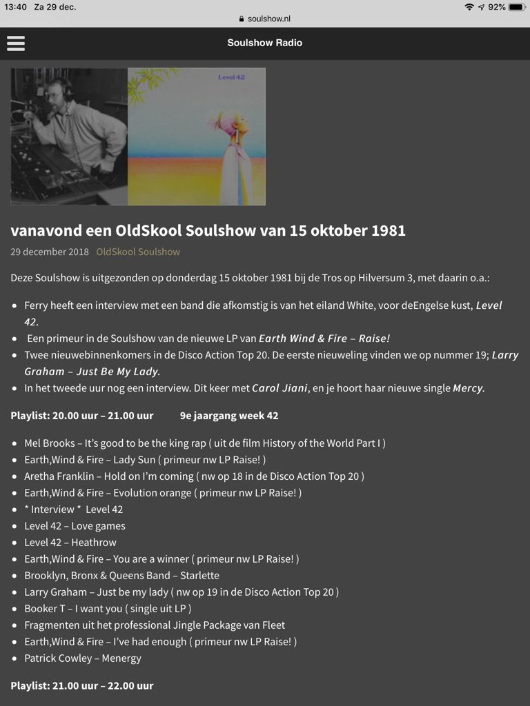 Straks om 20:00 uur (in one hour from now) mijn eerste kennismaking met Level 42 en <a href="/markking/">MarkKing</a> Luister naar de Soulshow van 15 oktober 1981 via soulshow.nl/listen