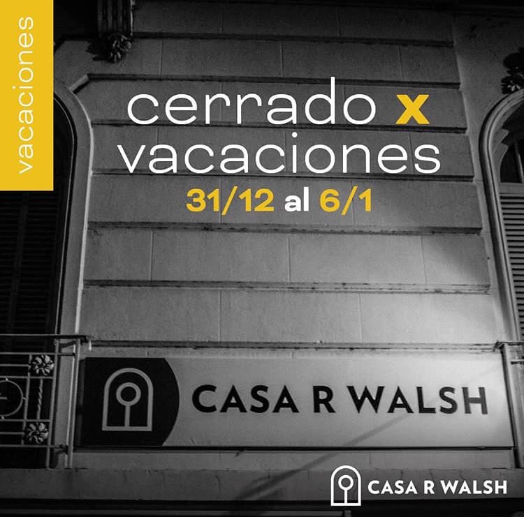 🔸Luego de un año completo de actividades, la <a href="/casarwalsh/">CasaRWalsh</a> anuncia que se 
mantendrá cerrada entre el 31 de diciembre  y 
el 6 de enero 2019, para cargarnos de energía nuevamente y tener un próspero Año Nuevo Nicaragua 4445 #Palermo 
#CasaRWalsh #ArteSucediendo 
Ph: <a href="/alegriacuba/">Alelí Alegría Cuba 🌈</a>