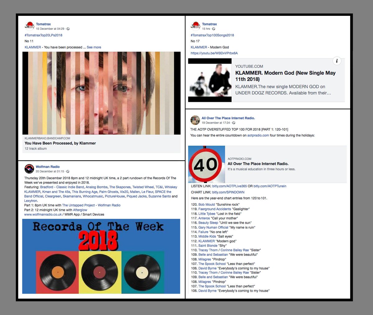 klammerband's tweet photo. Many thanks to 
 #Tomatrax for making us 11th best album and 17th best single of the year
 #WolfmanRadio for making us one of his records of the week 2018
 #AllOverThePlace Internet Radio. for making 'Modern God' their 112th best song of 2018 https://t.co/ceWzCNTTSG