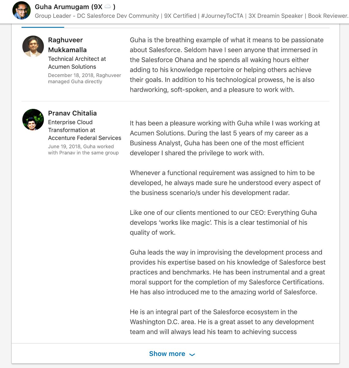 SF_Guha's tweet photo. #FeelingFullfilled Woke up to see my colleague's @LinkedIn recommendation on my #givingback to our amazing #DCOhana #TrailblazerCommunity. Honestly, he cud've talked abt my work @ office. But he chose to speak about my #SalesforceOhana contributions π #LoveMySalesforceOahan π https://t.co/YWSvLxBm3l