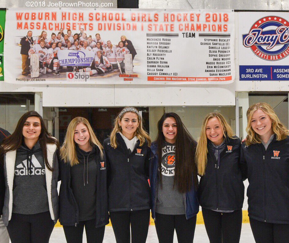 joebrownphotos's tweet photo. Some of last years Senior @woburnhockey players gathered for the Championship banner raising at the O’Brien Rink before today’s game against #Burlington.  @WMHSTanners https://t.co/SFMyxhv0Ia