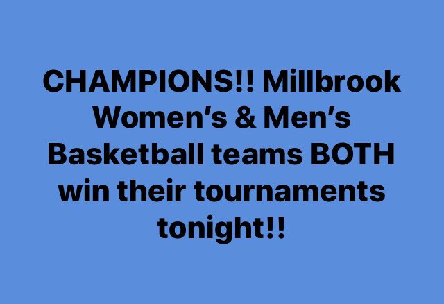 Huge CONGRATULATIONS to our Women’s &amp; Men’s basketball teams who both are Champions in their respective tournaments tonight!! Great day to be a WILDCAT!! 🏀 <a href="/MHSManiac/">Millbrook Maniacs</a> <a href="/MillbrookWBB/">MHS Women's Basketball</a> <a href="/MillbrookMBB/">Millbrook Men’s Basketball</a> <a href="/millbrookmagnet/">Millbrook Magnet HS</a> <a href="/MHSCoachEast/">Coach East</a> <a href="/millbrookcoachd/">Christopher J Davis</a>