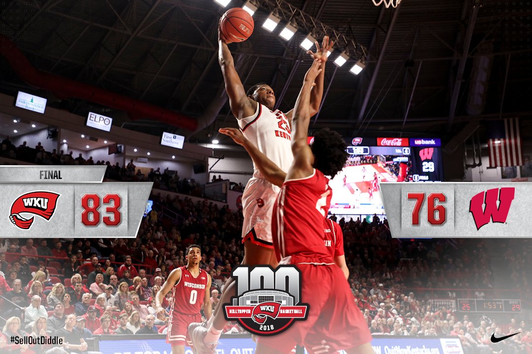 WKUBasketball's tweet photo. We didn't let this one come down to the last play 😆
The Hilltoppers own the second half and knock off #15/16 Wisconsin, the highest-ranked team they've beaten at home since 1973! #GoTops #SoldOutDiddle https://t.co/2GZbHkDMw2