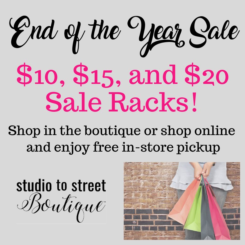 studiotostreet's tweet image. Stop by and shop our massive clearance sale on Monday (New Years Eve) from 9am - 10:30am. OR shop online from home and enjoy free in-store pickup!