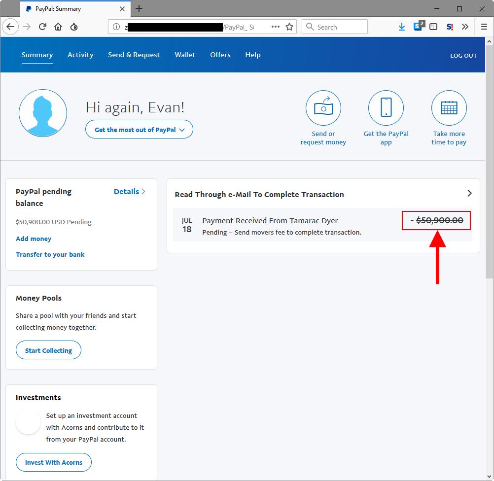 This spear phishing web application targets one single person called 'Evan'. The web application pre-populates his e-mail address and continuously increases the amount of transferred money - perhaps because they're blackmailing the victim...
#phishing