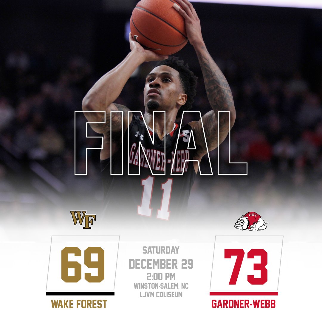 FINAL SCORE: Gardner-Webb 73, Wake Forest 69 ... #RunninBulldogs win eighth in a row, knock off second ACC foe on the road this season. Made 35-of-40 free throws on the day. #UnleashTheDawgs
