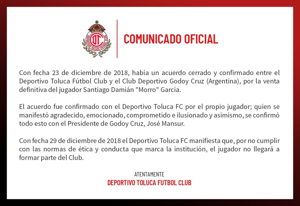 El comunicado de Toluca sobre 'Morro' García