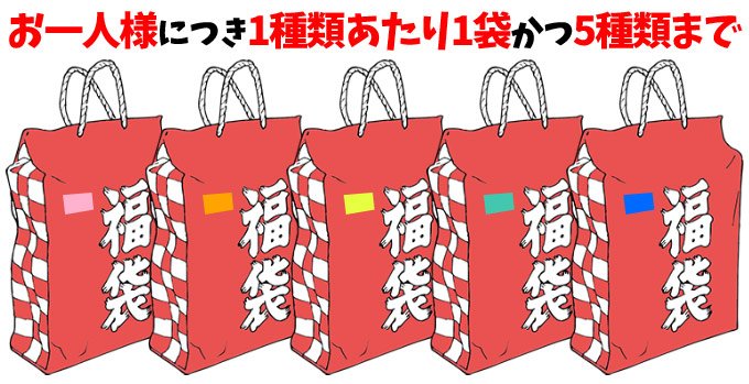 ハンズマン福袋は、お一人でも多くのお客様にお楽しみいただくため、ご購入の制限を設けております。お一人様につき1種類あたり1袋まで、かつ、合計5種類までとさせていただきます。
