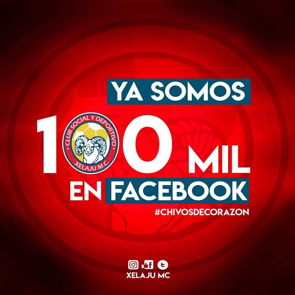 Xelaju_Oficial's tweet photo. YA SOMOS MÁS DE 100 MIL 
Síguenos también en Facebook 
como: Xelaju MC 
cada día se suman más a nuestras redes sociales, únete a vivir la pasión de nuestro equipo.
Que orgullo ser Superchivo.
#VamosXelajúMC  #chivosdecorazon #superchivos🐐⚽📸 https://t.co/isTY1oUMSh