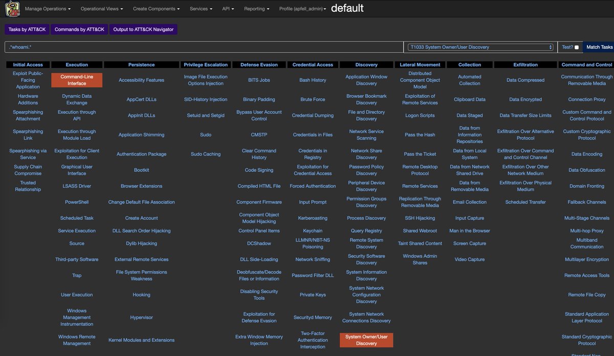 its_a_feature_'s tweet photo. Sneak peak of what's in store for the next #Apfell update for #BSidesSeattle - yup, that's @MITREattack, some regex, some navigator, and a lot of customization. Oh, and #DarkTheme because why not. It's time for Red Teams to understand their own data https://t.co/RuEvhMfj9j