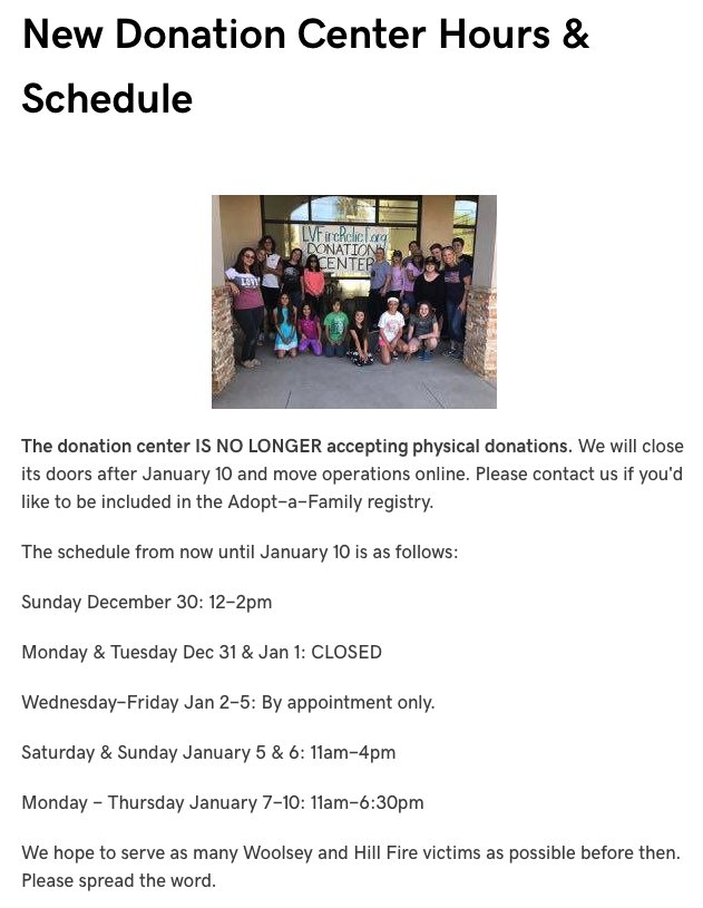 lvfirerelief's tweet photo. Announcement about donation center! #lvfirerelief #woolseyfire #hillfire https://t.co/QeY4O9ACIR