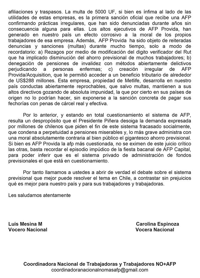 CNT_NOmasAFP's tweet photo. Carta abierta a los congresistas.
Últimos hechos ponen de relieve el total cuestionamiento a las AFP y la necesidad de avanzar a un real sistema previsional pensado para dar pensiones dignas al llegar a la vejez.
#NOmasAFP
#SistemaDeRepartoSolidario Ahora! https://t.co/lXu0PjUNX2