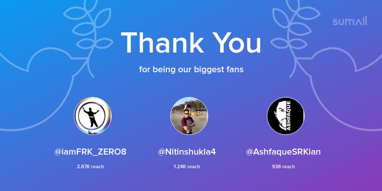 Our biggest fans this week: @iamFRK_ZERO8, @Nitinshukla4, @AshfaqueSRKian. Thank you! via sumall.com/thankyou?utm_s…
