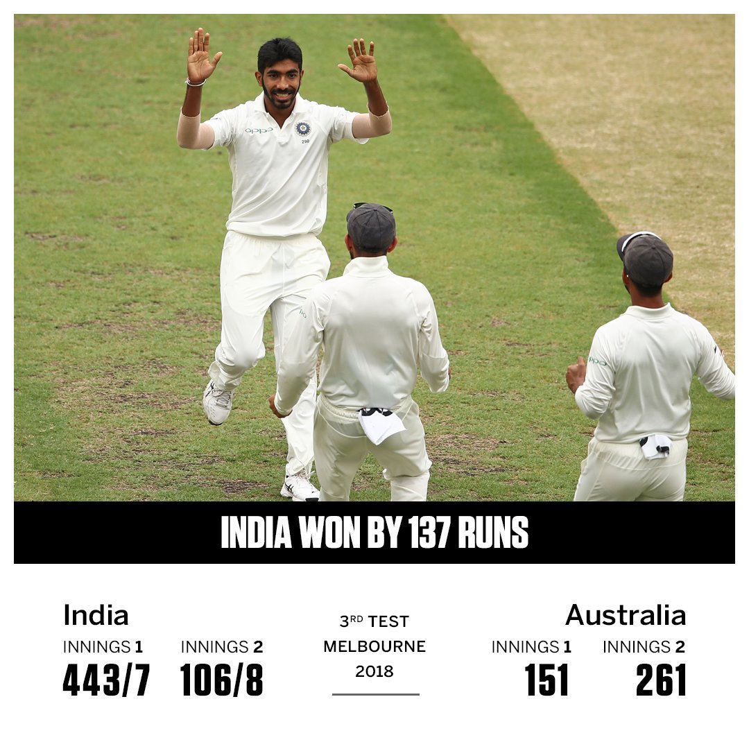 T 3043 -YEEAAHH !! INDIA WINS !! 👍 Team India, Virat and Bumrah .. #chodhnamat .. 
Stump mike पे  Paine ने कोशिश करी अनेक ,
किस्सी तरह भी Rishabh Pant दें अपना wicket फेंक 
'Baby sitting' का, निमंत्रण पत्र, दिया उन्होंने ने उनको 
'Temporary कप्तान' का पलट जवाब भारी पड़ गया उनको