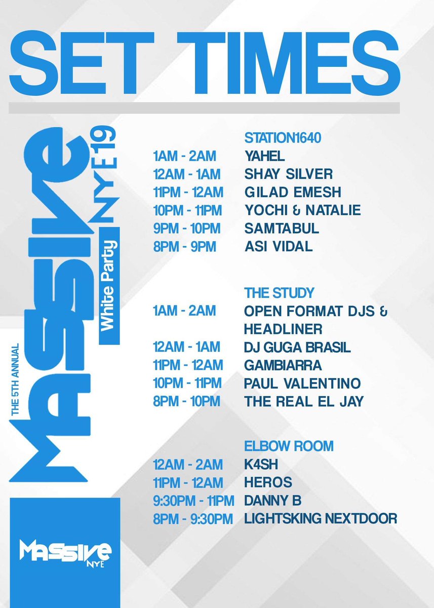 massivenye's tweet photo. Almost time to celebrate the end to this crazy year!  Here are set times for Massive NYE in 3 days!  Get tickets soon before they sell out.  

Get Tickets: https://t.co/QFEQD9sAnN https://t.co/1gXoZhjgbh