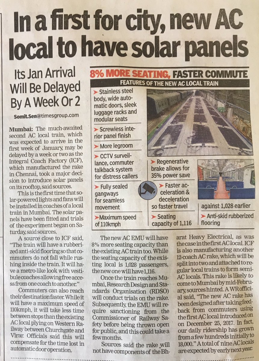 somitsenTOI's tweet image. In a first for city, new #AClocal to have solar panels. Its January arrival will be delayed by a week or two.  The train will have rubberized anti-skid flooring so that commuters dont fall while rushing. It will have hi-tech vestibule coaches.