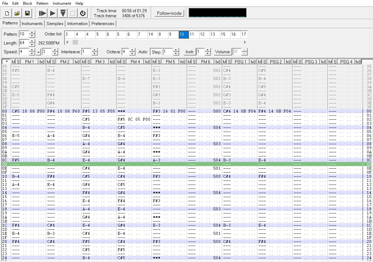 ec2151's tweet image. That was made with a freeware ym2612+psg tracker called VGM Music Maker, which is sometimes called VGMM (see pic). It was made by Shiru Otaku. You can look around for download links. The latest version was 1.1. Also popular these days is the freeware #Deflemask. Check 'em out!