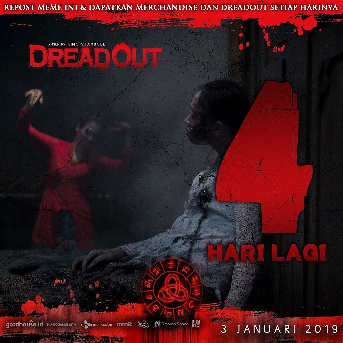 SCP_Films's tweet photo. 4 HARI lagi #DreadOut akan menghantui bioskop-bioskop Indonesia. Are you ready?
.
#DreadOutTheMovie akan tayang 3 Januari 2019
.
.
#caitlinhalderman #jefrinichol #cicciomanassero #marshaaruan #susansameh #hannaalrasyid #mikelucock https://t.co/uuetniLMXw