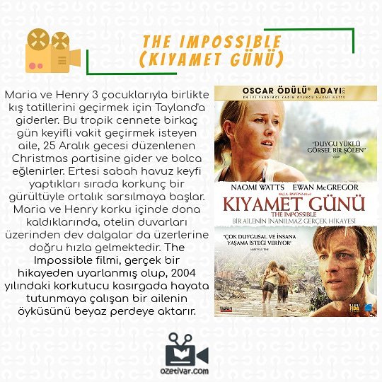 / The Impossible (Kıyamet Günü)

YÖNETMEN: Juan Antonio Bayona

OYUNCULAR: Naomi Watts, Ewan McGregor ve Tom Holland

YAPIM YILI: 2012

IMDb PUANI: 7.6

#Filmizle #films #filmes