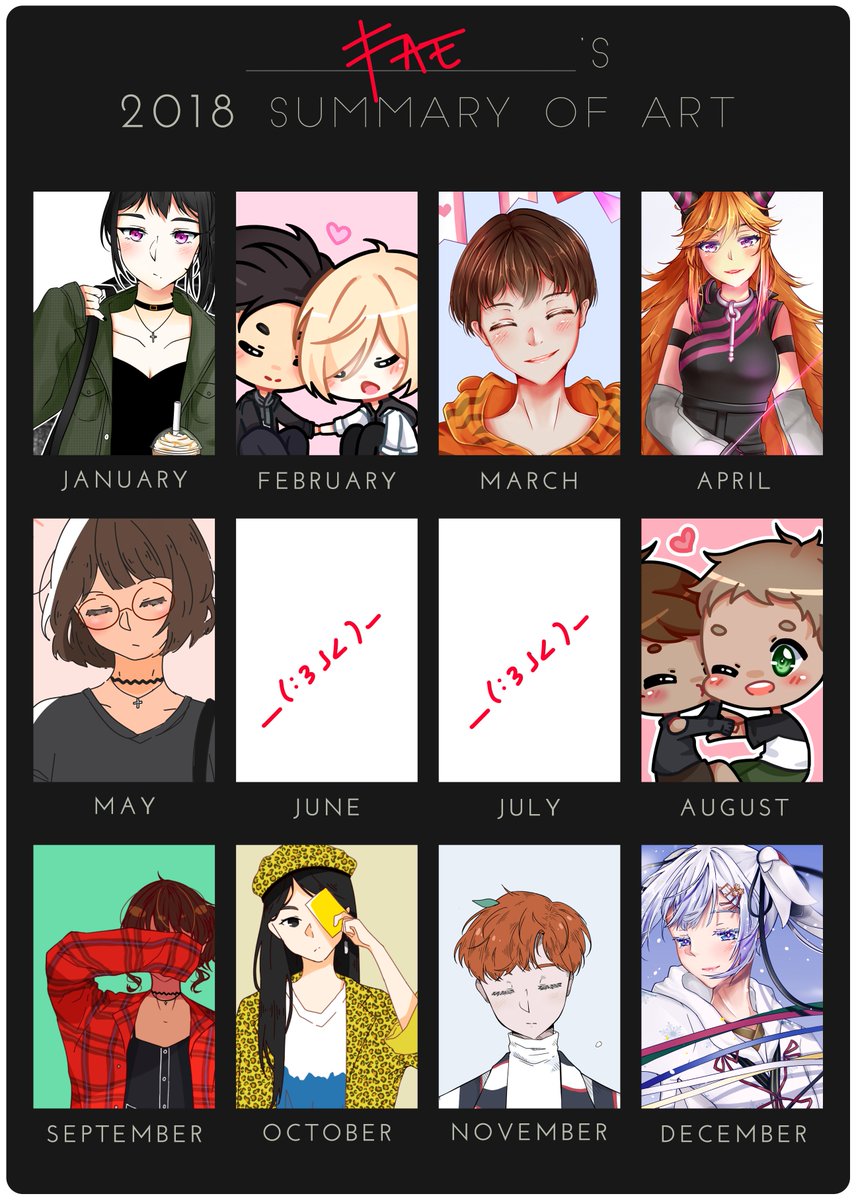 ✨ art summary 2018 ✨

kind of a sad one since I didnt draw much mid year ;;;; stares sadly at the blank spaces..., ,,,
(april and august were commissions that were never posted!)

hoping for a more productive 2019 hehe ? 