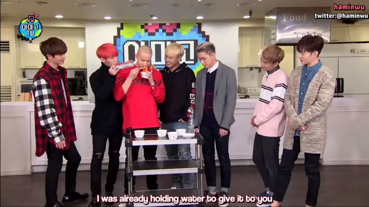 They all know that Peniel can't eat spicy foods well so they prepared bottled water ahead before peniel eats the spicy noodle.