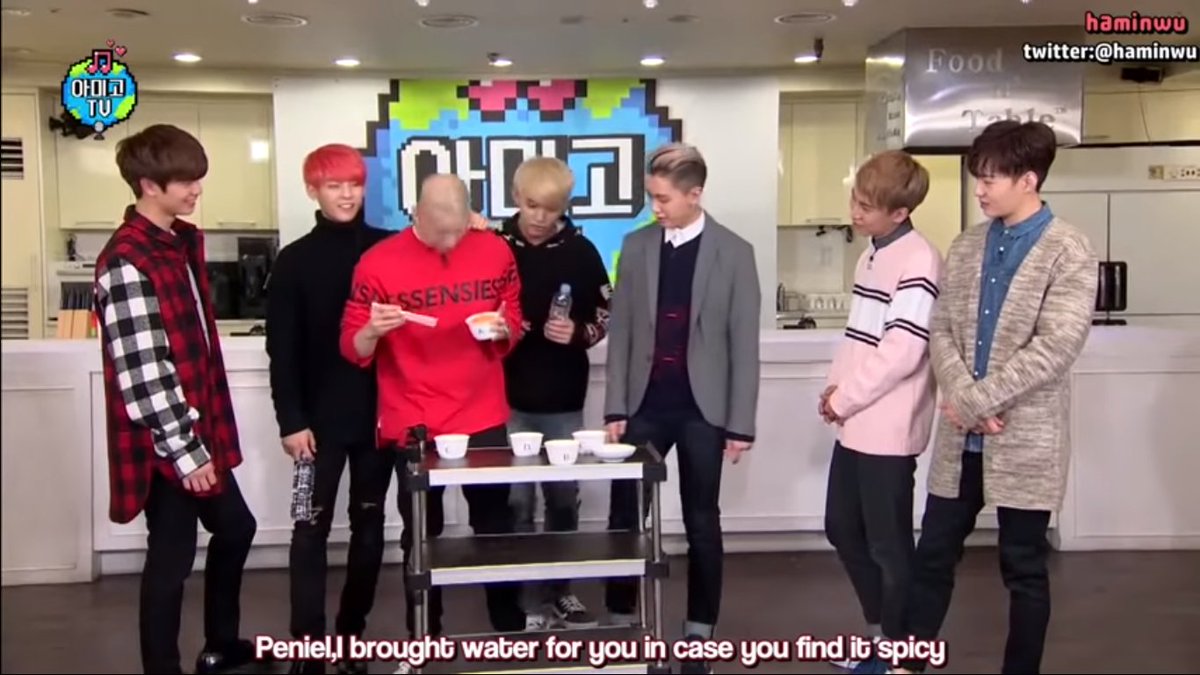 They all know that Peniel can't eat spicy foods well so they prepared bottled water ahead before peniel eats the spicy noodle.